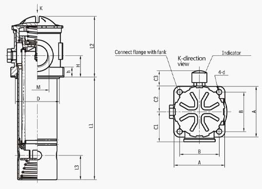 TF series self-sealing oil suction filter outside the box tubular connection size